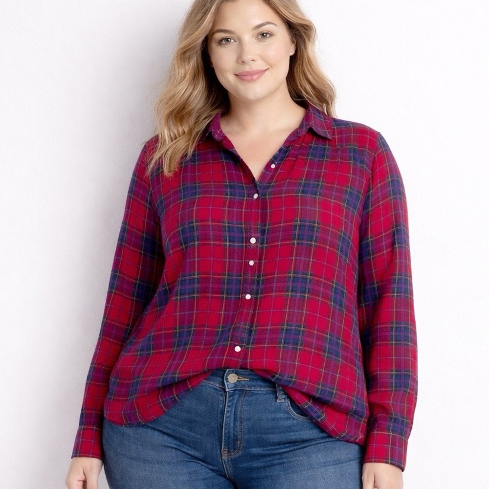 J. Jill 2X  Red Tartan Plaid Button Down Shirt Cotton Modal Soft Flannel Top